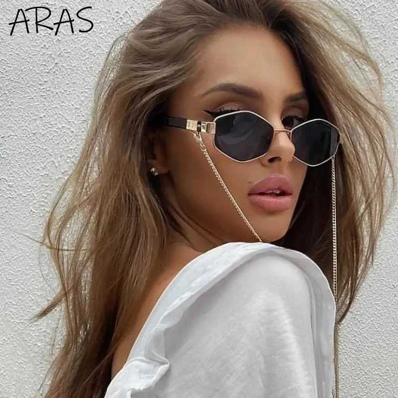 Trendy Retro Hexagon With Chain Sunglasses Women 2023 Brand Designer Unique Polygonal Sun Glasses For Female Small Frame Eyewear Y240827
