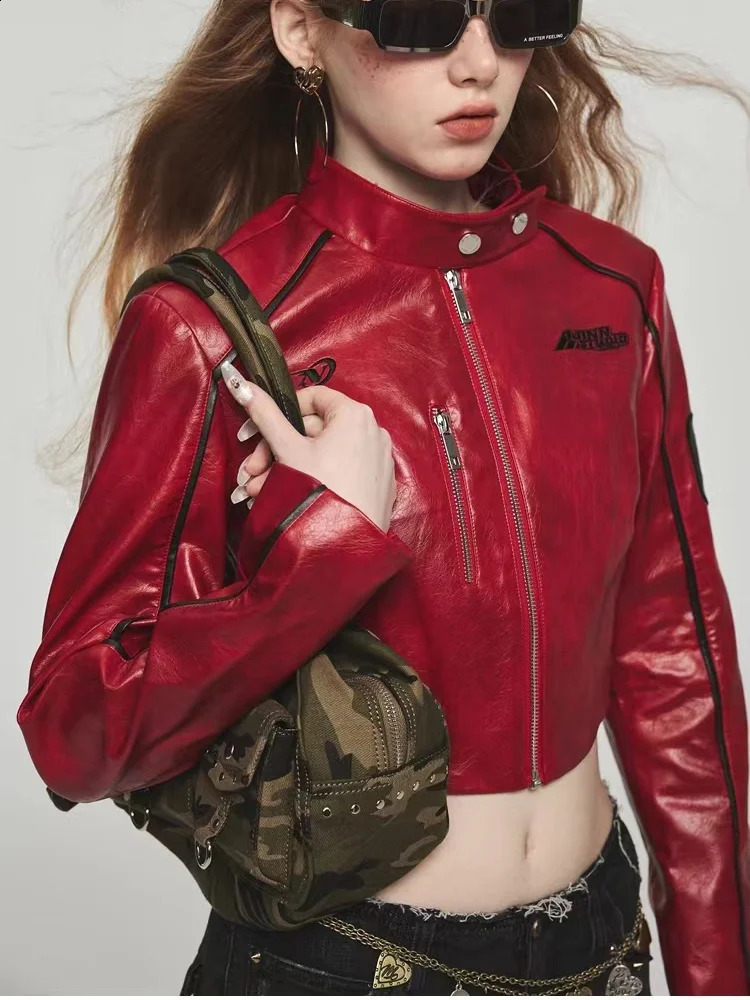 Womens artificial leather jacket with letter printing red short PU leather jacket autumn and winter womens casual street jacket outerwear outerwear 24