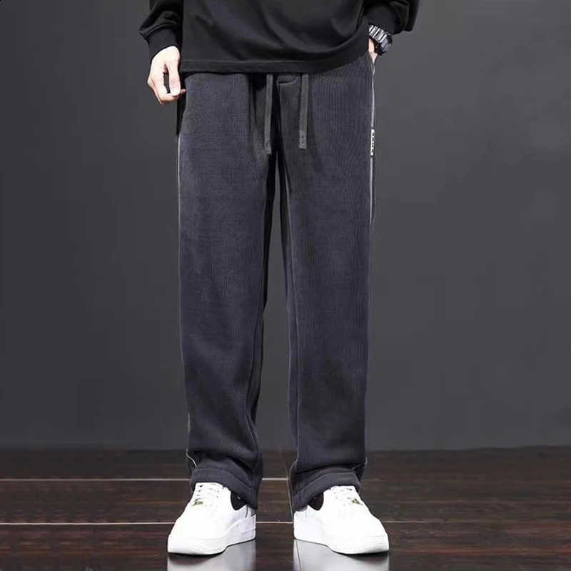 Spring/Summer Casual Pants Mens Solid Striped Elastic Waist Patch Work Drawstring Pocket Versatile Straight Trousers 240828