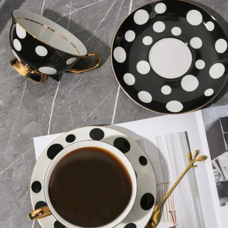 European style black and white polka dot gold-plated bone Chinese coffee cup -200ml lightweight afternoon tea cup used for coffee 240827