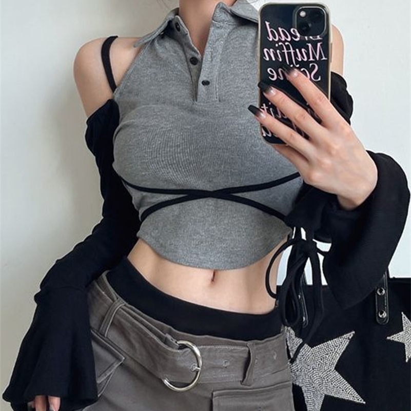 Home>Products>Womens Long Sleeve Ribbon Polo Shirt>Korean Fashion Contrast Patch Work Belt>Ultra Thin Y2k Street Clothing 240827