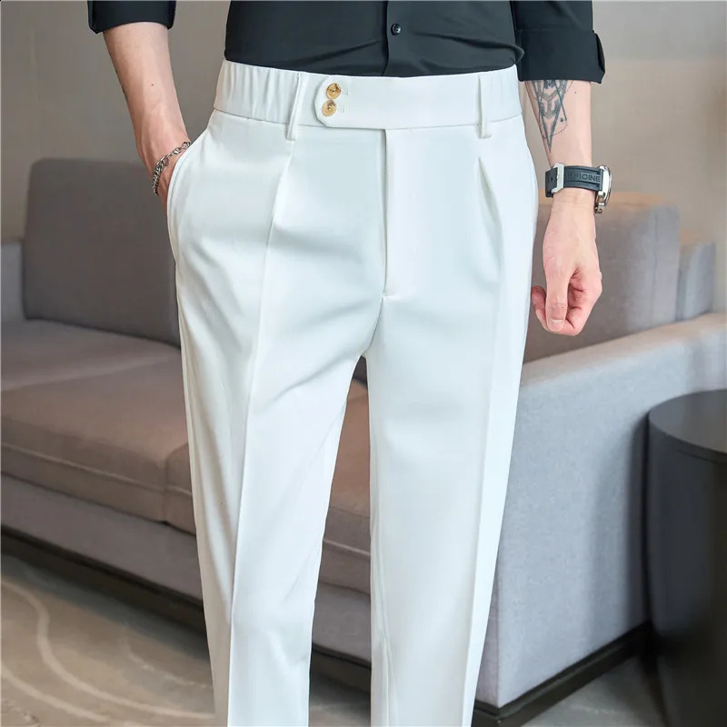 Naples Fashion Elastic Waist n Casual Mens Trouser High Quality Mens Trouser White Summer Mens Dress Pants Ankle Length 240828
