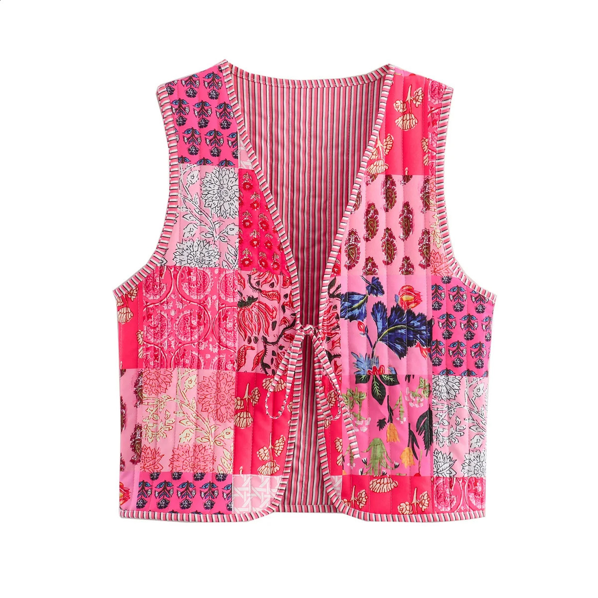 ZAURA Autumn Womens Retro Printed Loose Casual Sleeveless Bow Cotton Tank Top 240828