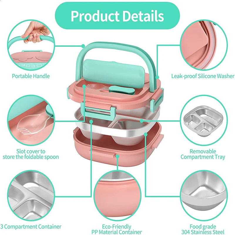 500ML Stainless Steel Bento Box Insulated Lunch Box For Kids Toddler Girls Metal Portion Sections Leakproof Lunch Container Box 240827