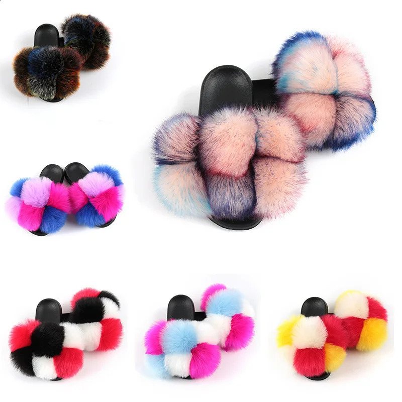 Summer womens fur slider fur Pom fur slider womens cute fur ball flip fluffy faux fur sandals outdoor rainbow shoes 240827