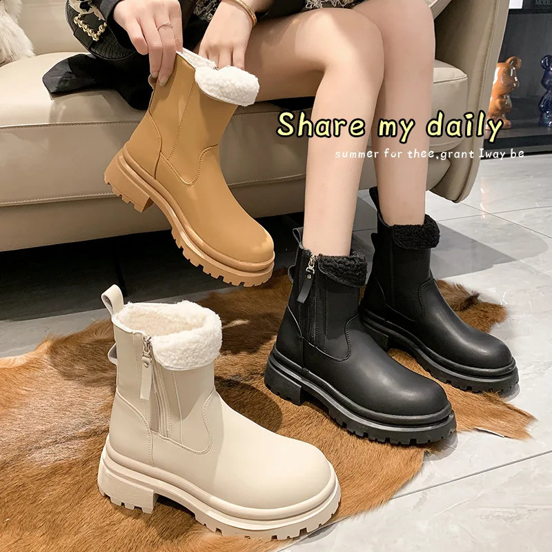 Shoes Lolita Boots Australia Zipper Round Toe Boots-Women Winter Footwear Plush Snow Mid-Calf Rubber Med Mid Calf Rock Fur 240828