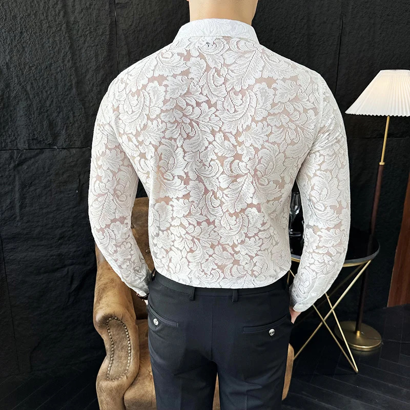Mens Mesh See Through Flower Lace Sheer Shirt Long Sleeve Sexy Clubwear Dress Shirts Party Event Prom Transparent Chemise Homme 240827