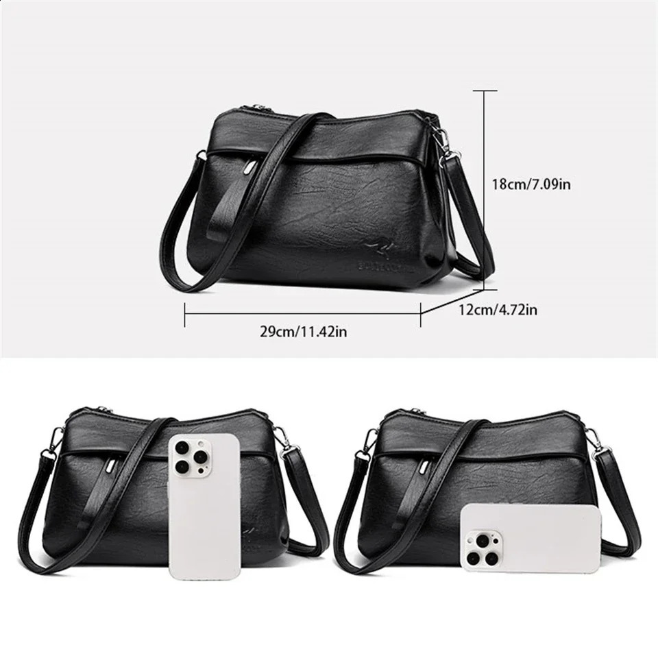 Womens black cross body with emed three main components leather shoulder bag 240828 93a9