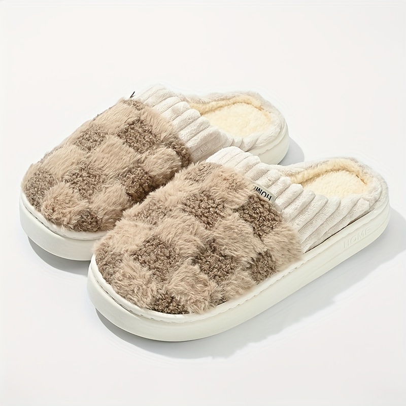 Cozy Plaid Plush Slippers - Soft fabric upper, comfortable closed toe, warm plush lining, PVC sole, casual slipper style, winter warmth - Great for in