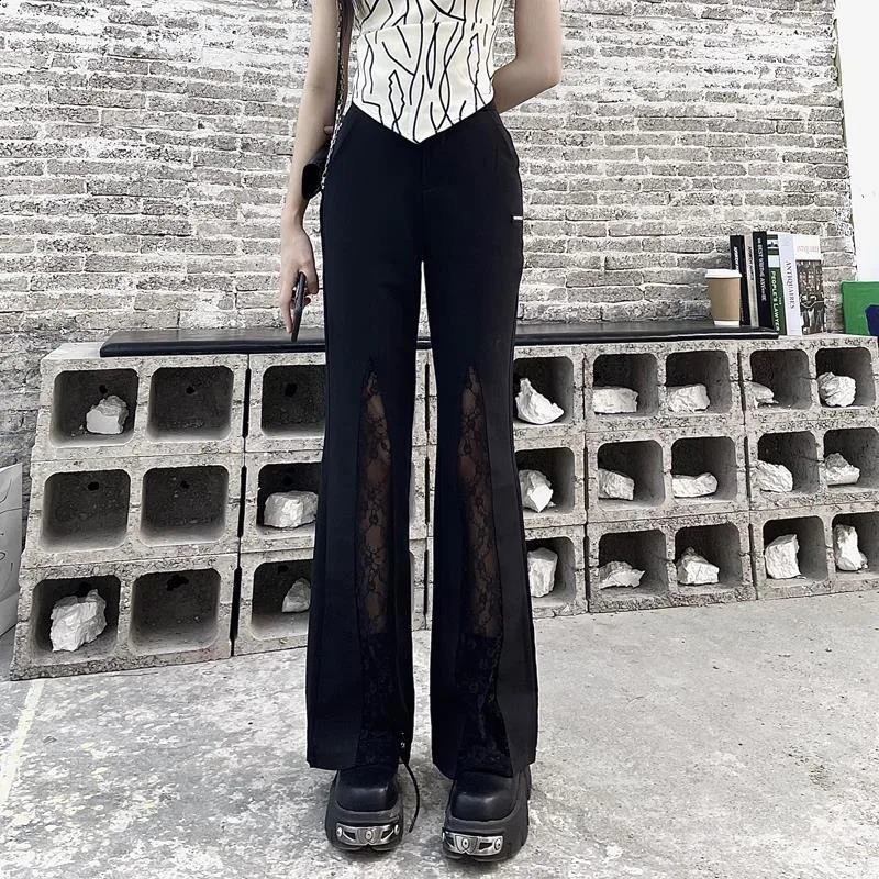 Deeptown Y2k Coquette Lace Flare Pants Woman Gothic Patchwork Baggy Vintage Black Trousers Korean Fashion Straight Streetwear