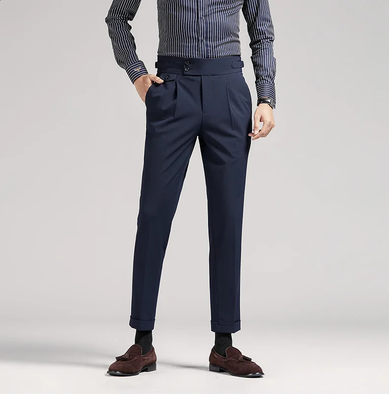 High end Neapolitan mens pants brown black British high waisted 9-point pants slim fit Trouser commercial formal social 240828