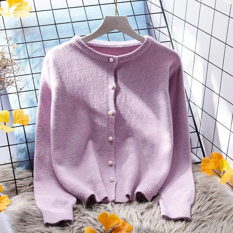 Pink White Purple Yellow Knitted Sweater Women Short Cardigan Spring Autumn Fashion ONeck Long Sleeve Knit Tops Ladies Jumper 240924