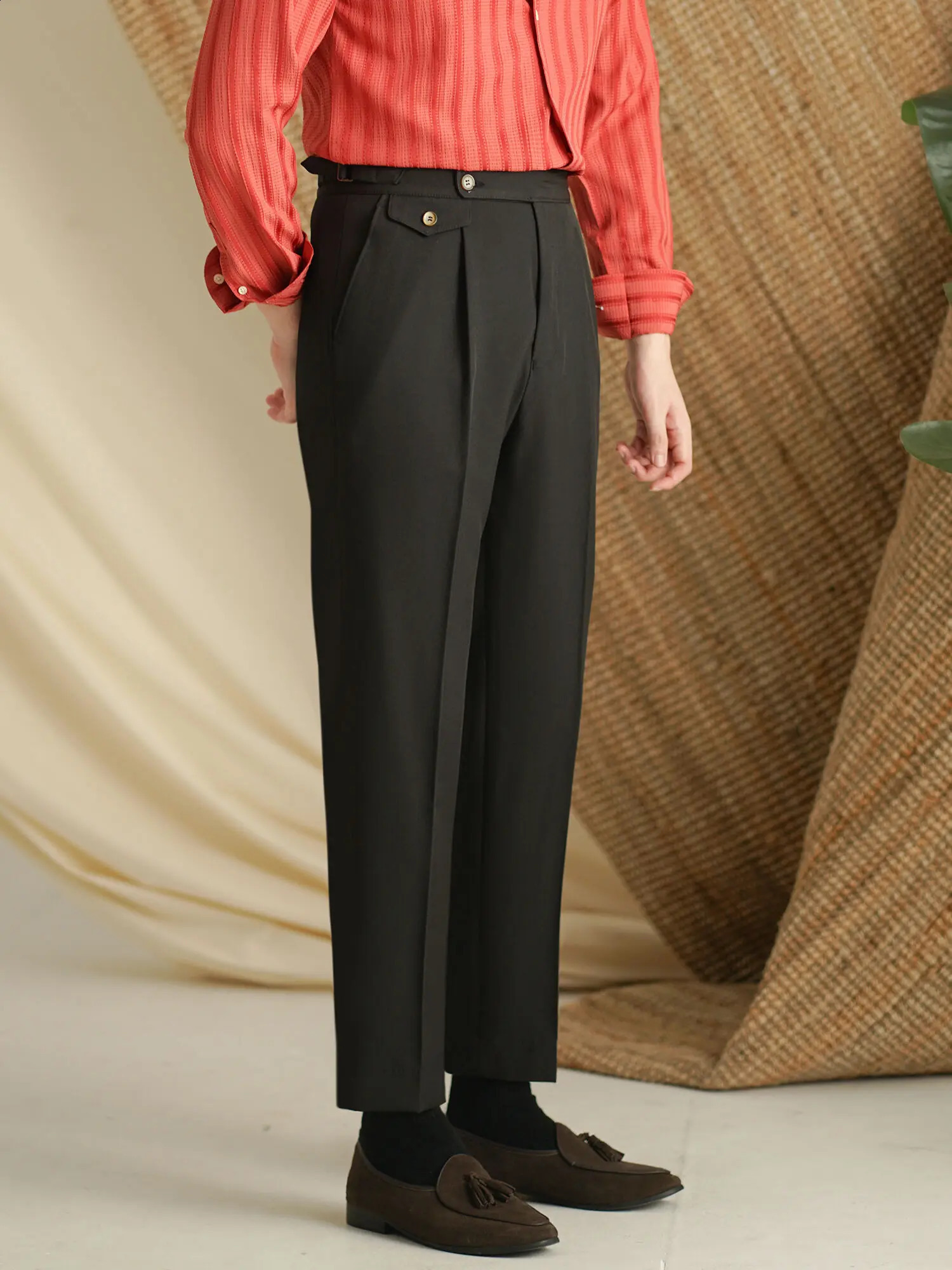 Black Naples mens high waisted pants casual mens dress pants ultra-thin fit straight leg pants Drape Pantalon clothing from the UK 240828