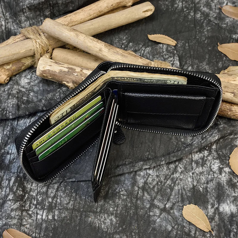 Unisex Genuine Leather Wallet Thrifold Zip Around Pocket Short Wallets Zipper Coin Case Snap man Real Leather Purse Black 240828