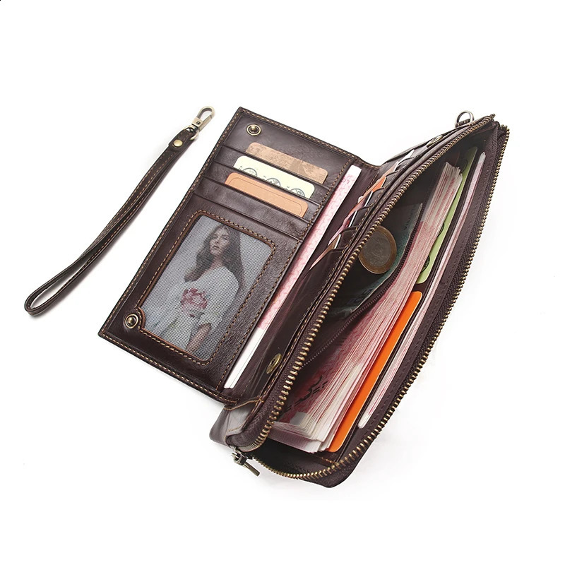 CONTACTS Genuine Leather Wallets for Men Long Bifold Casual Clutch Mens Wallet Male Handbags Card Holder Coin Purse Money Clip 240828