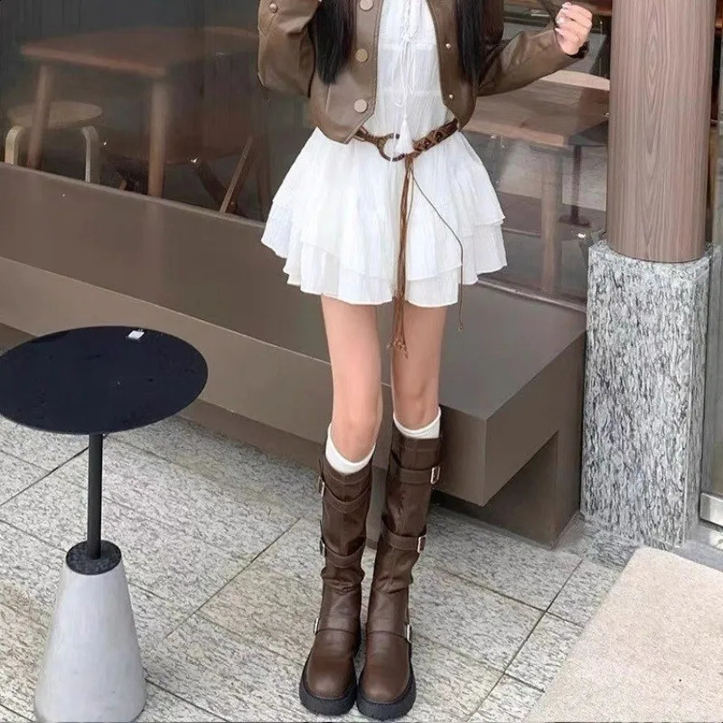 High Quality Womens Shoes Belt Buckle Womens Boots Fashion Solid Modern Boots Women Round Toe Knee-High Boots 240826