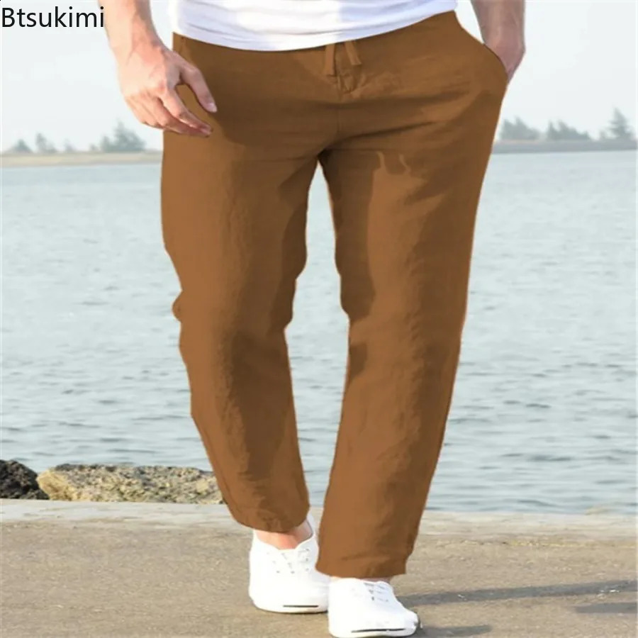 Mens linen casual pants are fashionable simple loose pencil pants with drawstring and elastic waist comfortable and breathable daily work clothes 2408