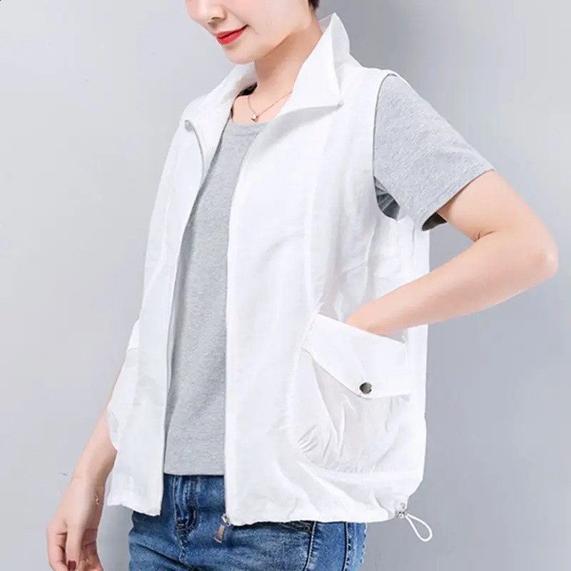 Spring/Summer Sleeveless Zipper Office Tank Top Solid Loose Pocket Casual Top T-shirt Retro Fashion Womens Wear 240828