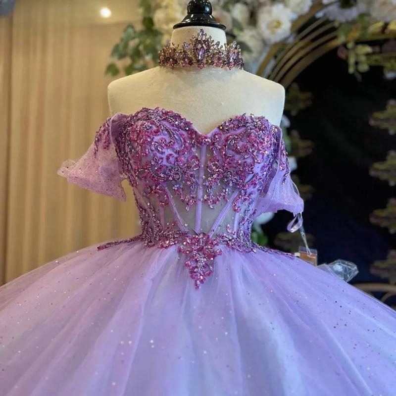Lilac Illusion Beading Crystal Quinceanera Dresses Ball Gown Off The Shoulder Sequined Appliques Lace Sweet 15 Birthday