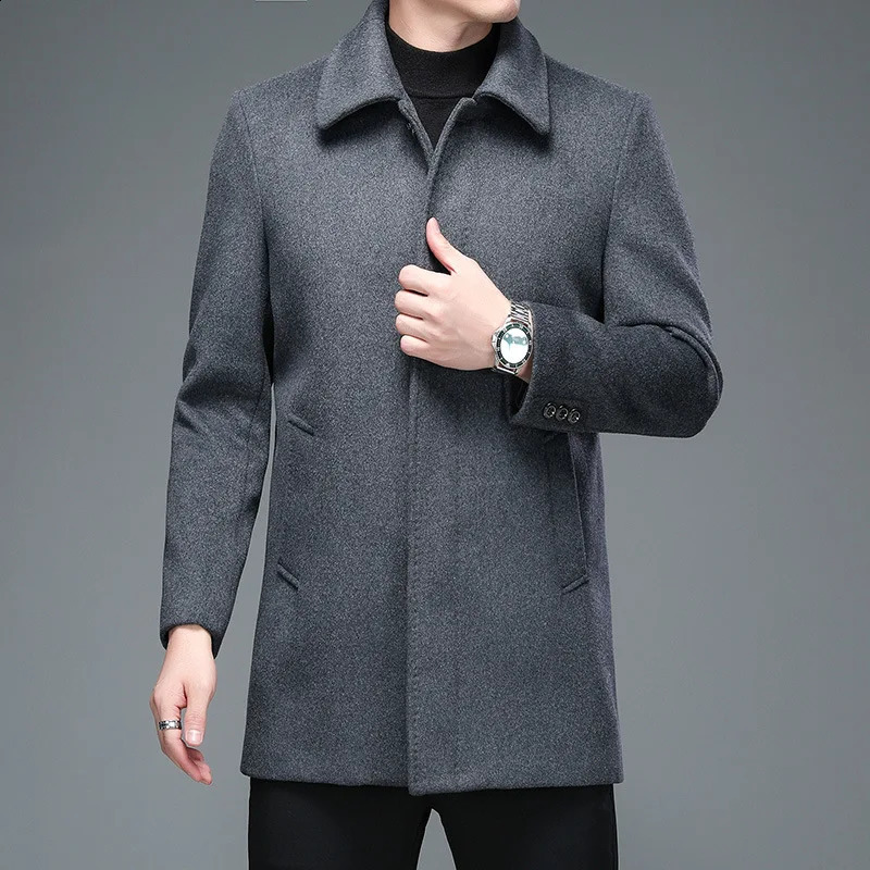 Mens winter warm and casual wool blend trench coat mens autumn fashionable business medium thick slim fit jacket windproof 240827