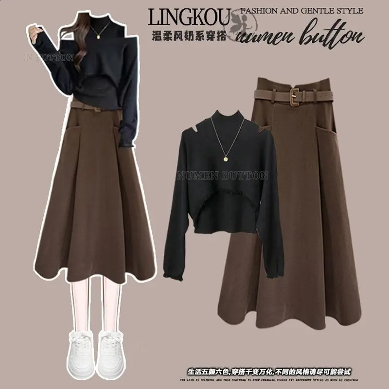 Autumn and Winter Fashion Womens Clothing Set Knitted Hoodie High Collar Tank Top Weight Loss Half Skirt Three Piece 240827