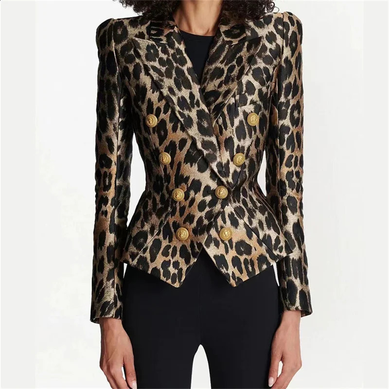 Womens jacket summer leopard print womens jacket Korean fashion double chest slim fit jacket high-quality long sleeved top 240827