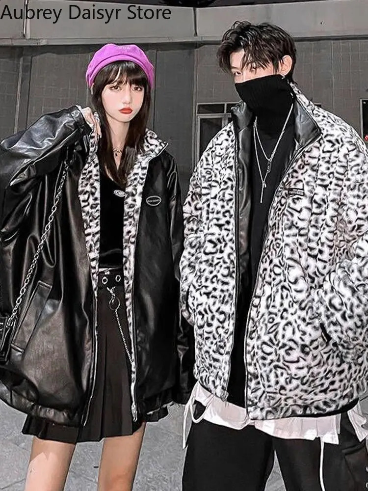 Winter warm leather jacket for women thick leopard print synthetic sheepskin coat Harajuku cedar lined reversible womens coat 240827