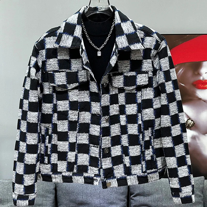 PFHQ Checkered Color Block Denim Set Mens Fashion Personality Haute Quality Male Two Piece Jackets Pants Summer 21Z02 240827