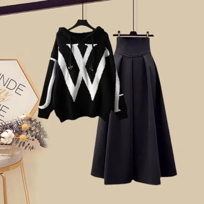 Autumn and Winter Set Womens Korean Edition Reduced Knitted Hoodie Top Versatile Casual Half Skirt Two Piece 240827