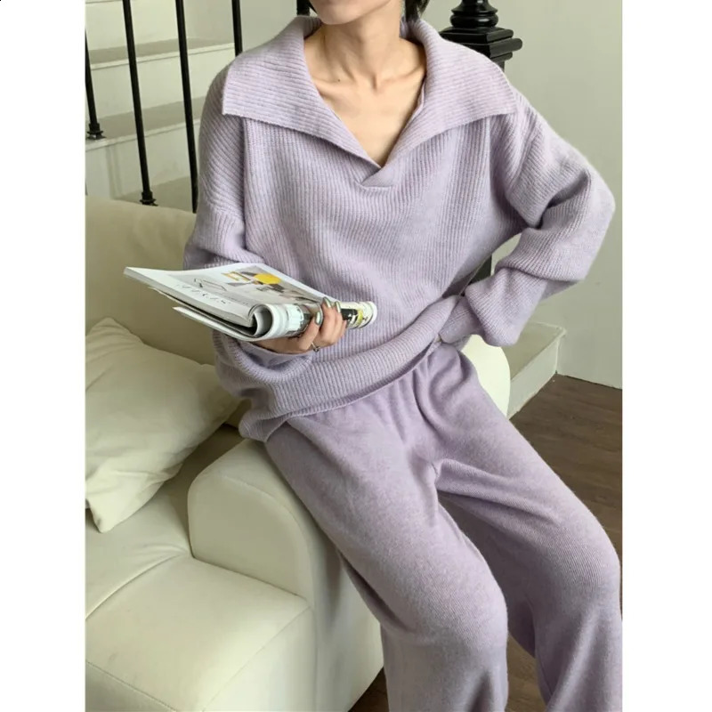 Winter Warm Knitted Two Piece Set for Womens Clothing Korean Casual Solid Collar SweaterWide Leg Pants 240827