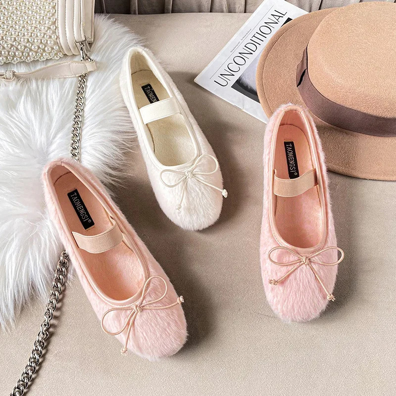 Cute fur bow ballet dancer womens fur lined ballet dancer winter round toe flat female bride wedding shoe dance Mocassines Mujer 240827