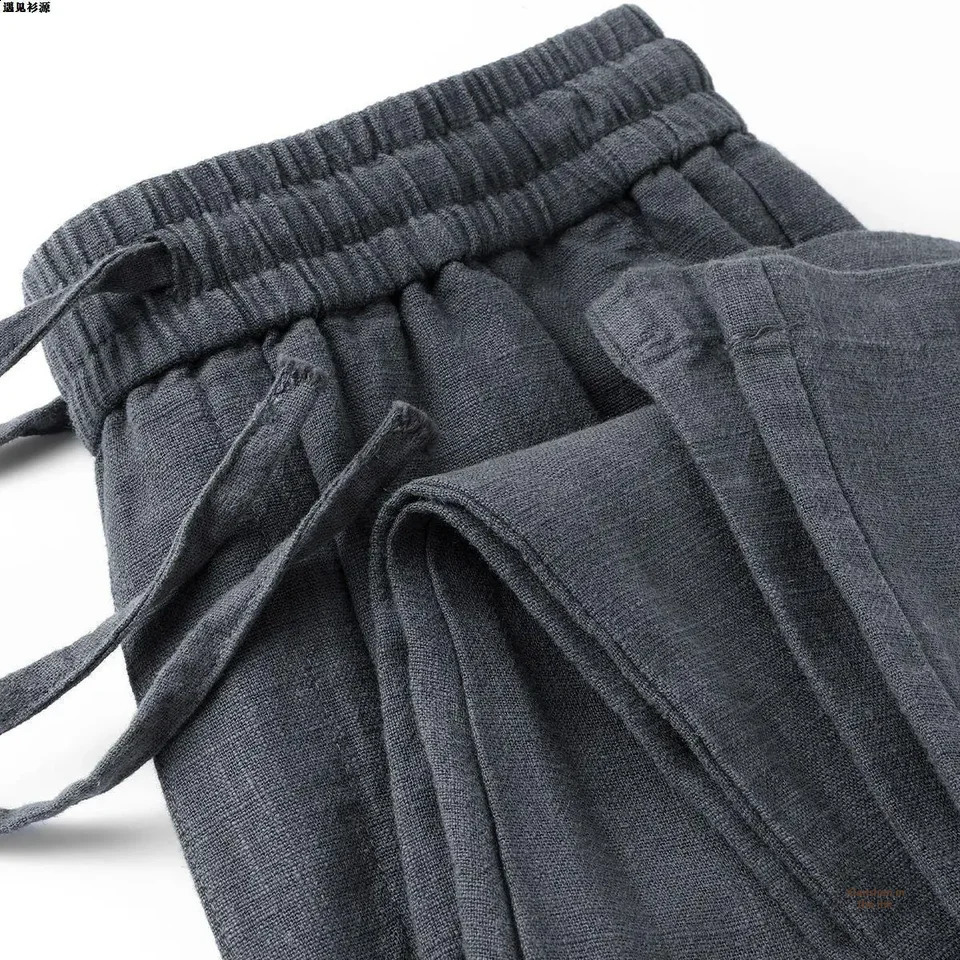 Grey cotton linen breathable loose casual pants suitable for men women straight leg high-end mens clothing and lightweight mens clothing in summer 240