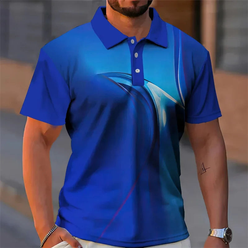 Colorful light pattern mens summer polo shirt 3D loose oversized street lapel button fashion trend 240828