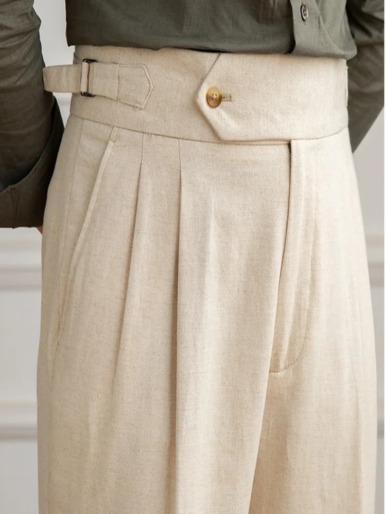 Linen cotton high waisted straight casual pants mens retro Naples gentleman pleated high-quality Italian dress Trouser 240828