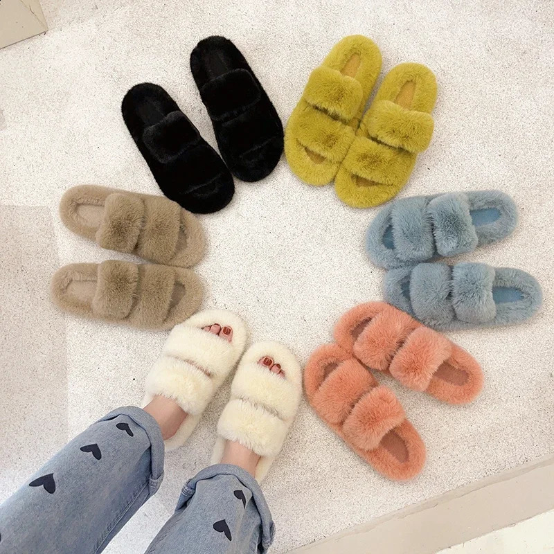 Womens fur warm winter fur leather shoes fluffy plush slippers for home use indoor shoes bedroom slippers womens round toes 240827 ww
