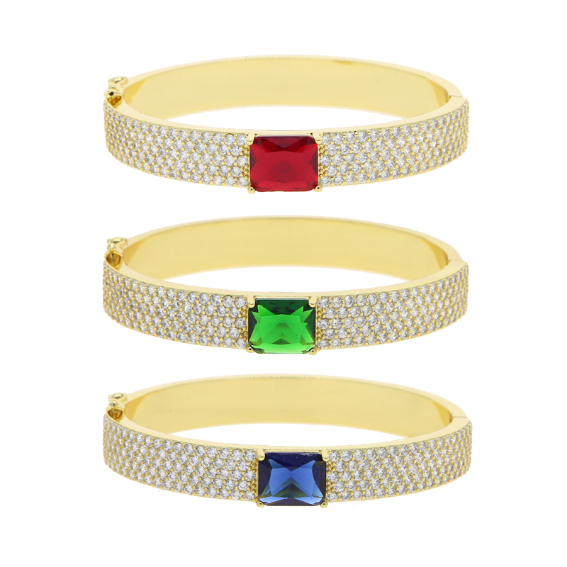 Bg Cz Wide Band for Women Paved Red Green Blue Zircon Gold Color Ice Out Bangle Bracelet Fashion Jewelry