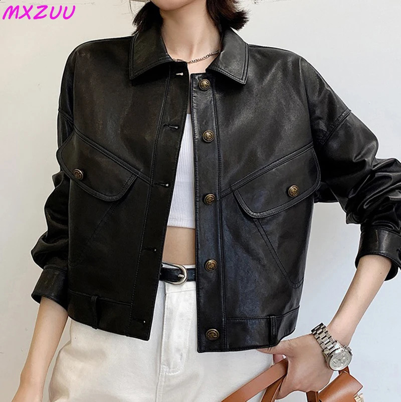 Khaki leather jacket winter coat womens sheepskin short casual full matching show thin motorcycle small Chaqueta Jassen women 240827