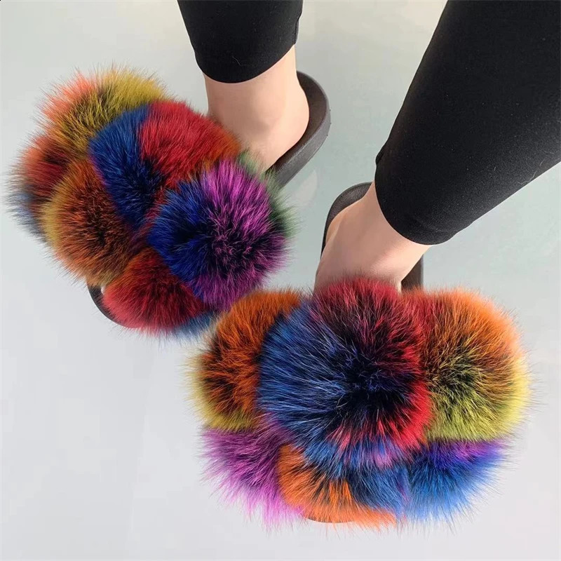Fur slider factory supplies mixed color Pom six ball fox fur multi-color fluffy fur slider 240827