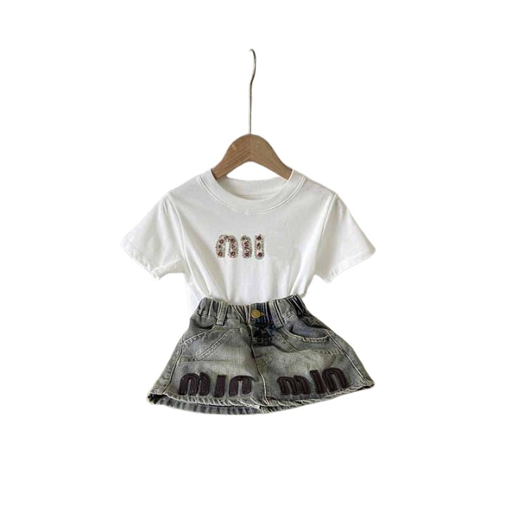 2 Piece Skirt Set Girls Denim Skirt Suit Set with Tee - Summer Shorts and Shirt Set for Children y250607P6H6