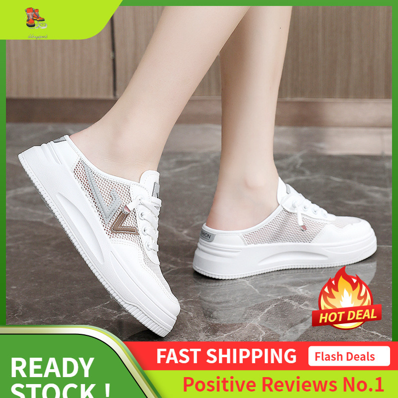 Ddmysports New Casual Women S White Shoes Summer Color Blockin Heiht Increasin Thin Sole Versatile Leather Surface Wear Resistant Fashionable Half OUT