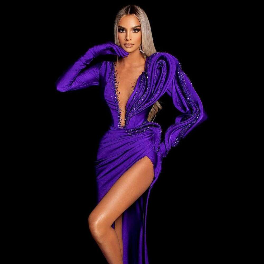 Elegant Purple Formal Dresses: Puffy Sleeves, V-Neck, High Slit, Custom