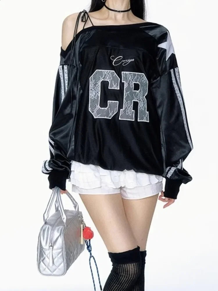 Deeptown Streetwear Y2k Graphic Sweatshirts Women Aesthetic Off Shoulder Lace Hoodies American Vintage Oversize Long Sleeve Tops 240827