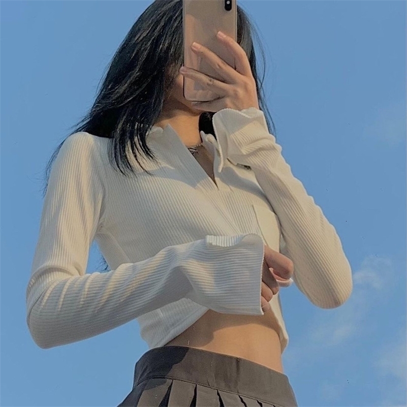 Polo collar ribbed long sleeved womens basic solid T-shirt fashion pocket crop womens fully matched retro T-shirt Y2K clothing 240827