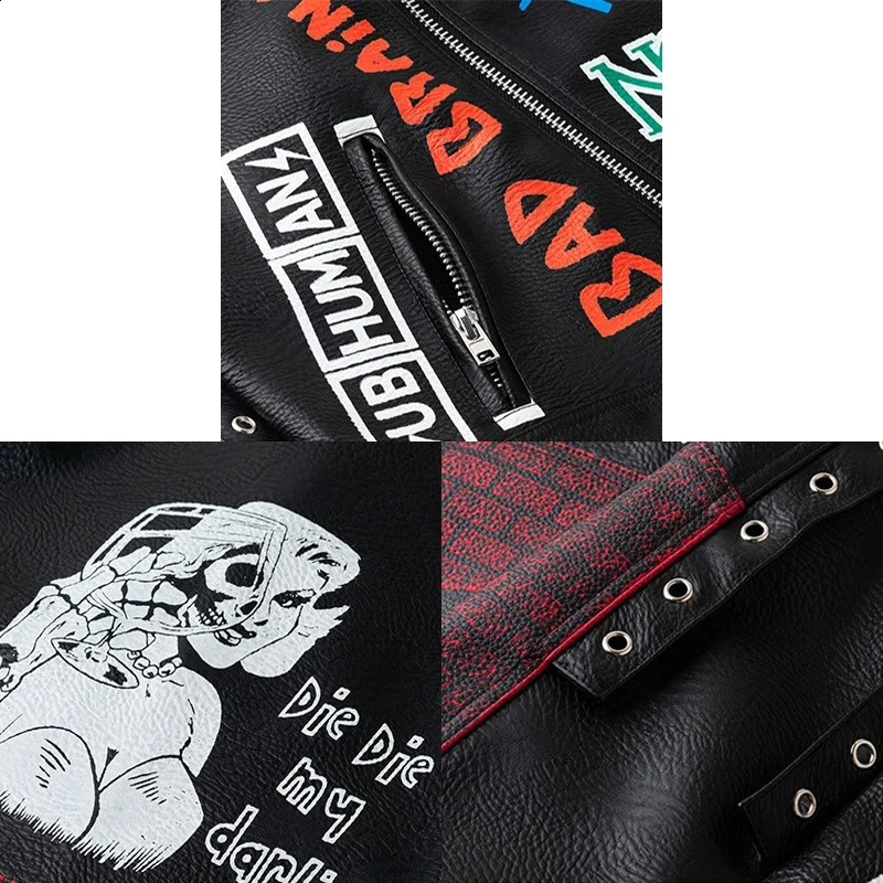 Contrast Graffiti Print womens and mens leather jackets streetwear punk style black faux leather motorcycle jacket 240827