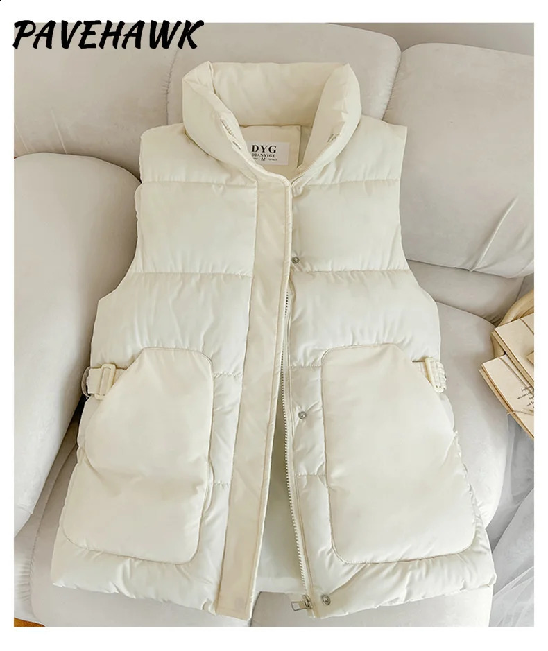 Womens sleeveless down vest autumn thick warm sleeveless jacket solid loose casual pocket zipper vest womens top 240828