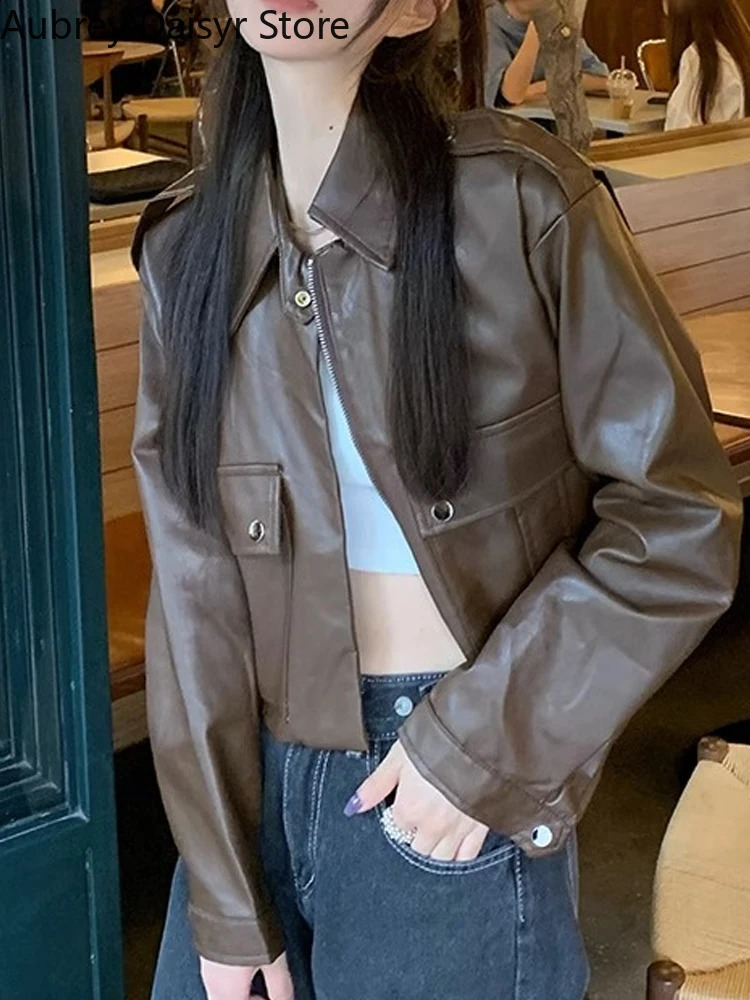Brown pleated leather jacket womens streetwear motorcycle zipper leather jacket winter punk retro casual jacket 240827