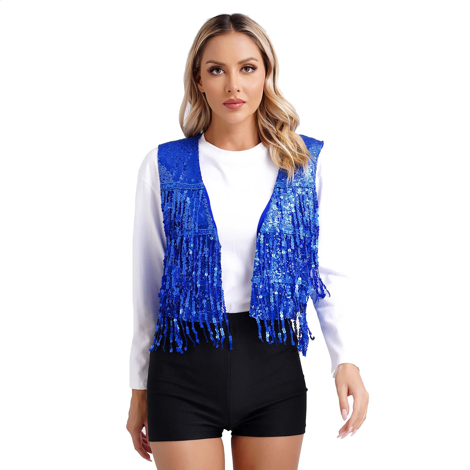 Womens Christmas Music Festival Carnival Party Vest Sparkling tassel Sleeveless V-neck Belt for Jazz Pole Dance Club Costume 240828