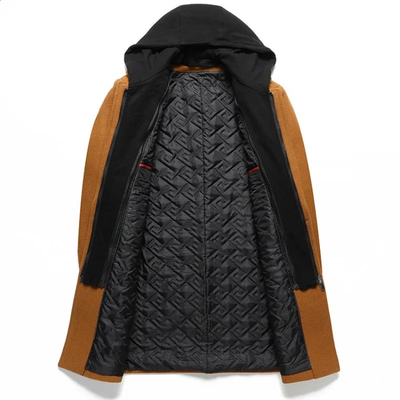 Mens hooded wool blended cashmere long coat trench mens winter business casual jacket size 4XL 240827