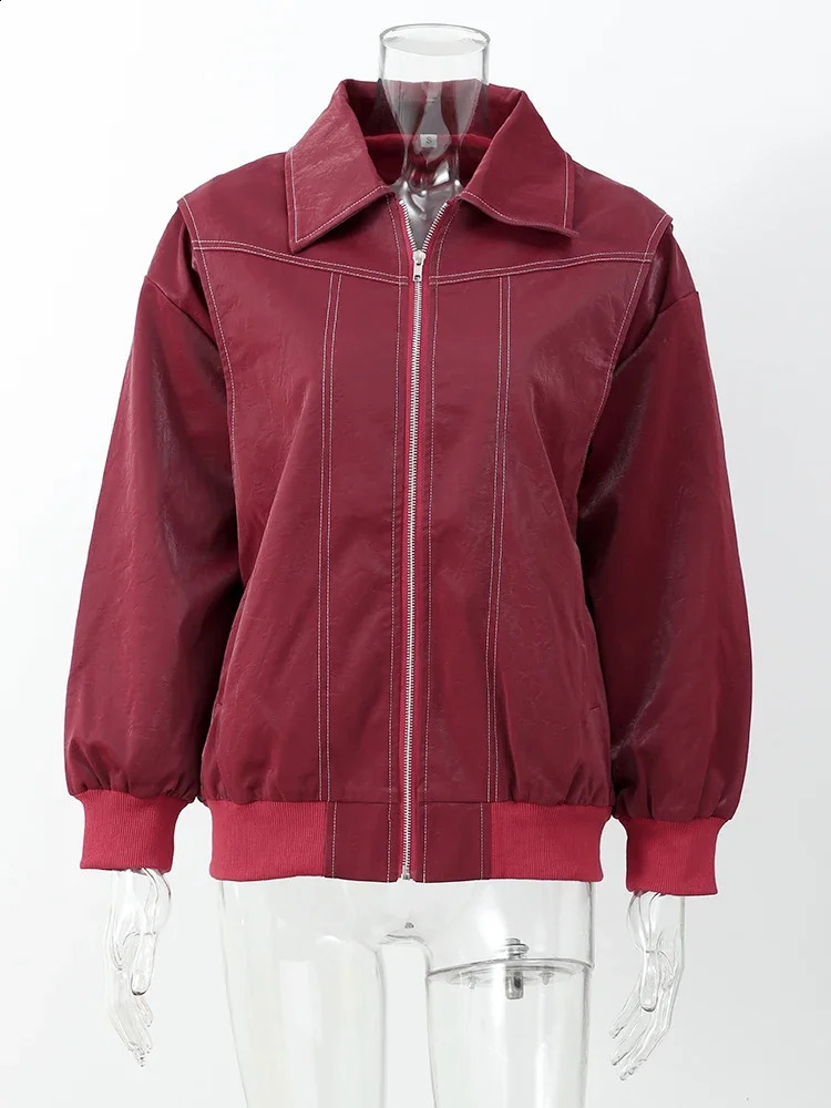 Fashion womens solid jacket loose retro collar long sleeved zipper Pu leather top autumn womens jacket 240827