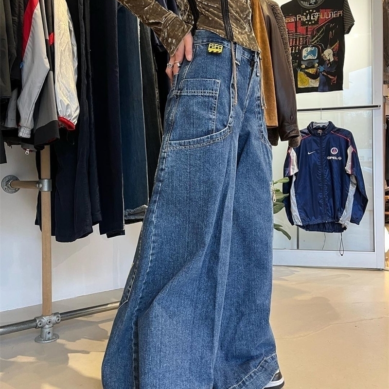 Retro Hip Hop Gothic Printed Fashion Street Clothing Luggage Jeans Letter Pattern Y2K Womens Punk High Waist Wide Leg Jeans 240827